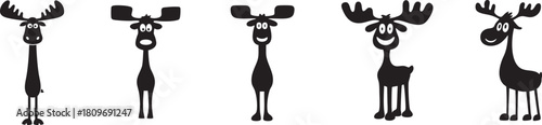 Vector Set of Five Funny Cartoon Moose or Elk Characters with Antlers
