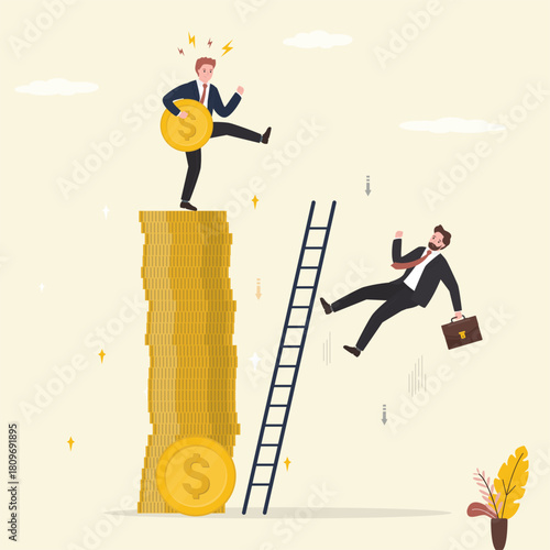 Angry businessman kicking to make his rival falling down from stack of money. Business competition. Business dishonesty, betrayal, jealousy colleague, career competitor