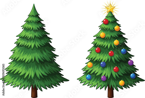Plain fir tree and decorated Christmas tree illustration, festive holiday evergreen artwork with colorful ornaments, bright seasonal celebration design