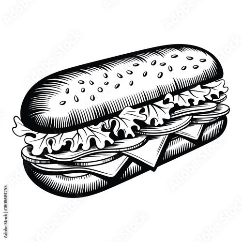 Delicious sandwich illustration with fresh ingredients in monochrome style food design