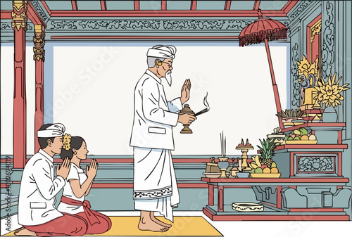 Balinese priest performs a blessing ceremony kneeling before an altar with offerings  A couple watches respectfully  Traditional Balinese architecture provides a serene backdrop  Illustrative style