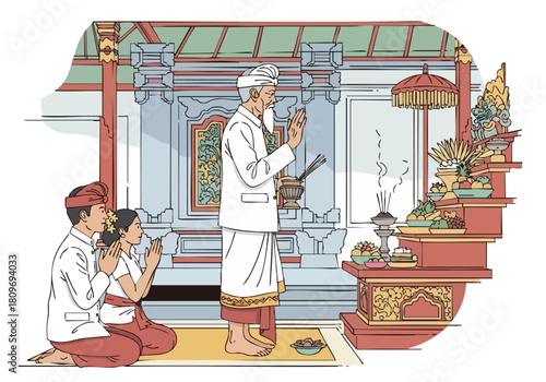 A Balinese priest performs a blessing ceremony, kneeling with a couple. Traditional temple setting, vibrant colors, and symbolic offerings.  Illustrative style.