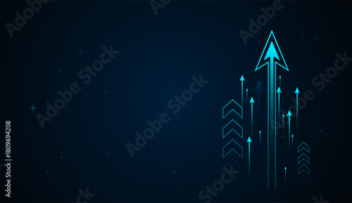 A digital Arrows graphic shows a bold, luminous arrow pointing upward, representing innovation, advancement, and strong upward trends in technology Arrows concepts
