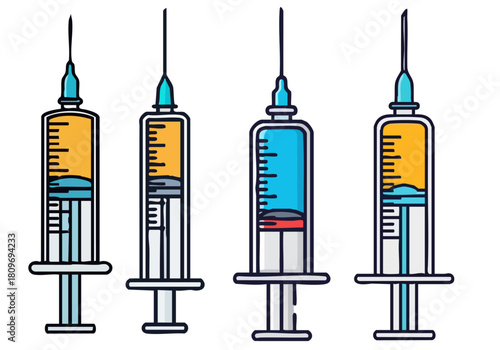 A clean, modern illustration of a syringe with a vaccine guard symbol. Bold lines and a bright yellow liquid create a clear, professional graphic. Suitable for health and medical themes.