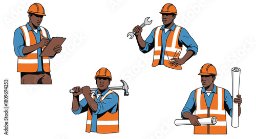 Construction worker team in action, ready for any job, diverse roles and tools, symbolizing dedication, skill, and teamwork in building industry projects
