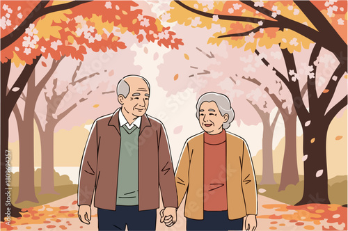 An elderly couple strolls hand-in-hand through a vibrant autumn park, bathed in warm, golden light. A serene and heartwarming scene of companionship and nature.
