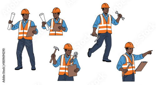 Skilled construction worker illustrations showcasing expertise in diverse tasks, ideal for safety training, project planning, and infrastructure development projects