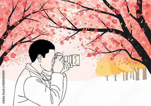 A photographer captures cherry blossoms in spring. A man with dark hair uses a camera, focusing on the vibrant pink blooms.  ?Snap the Scarlet? ? a beautiful, detailed image.