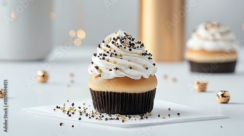 A single, elegantly decorated cupcake with white frosting and festive black and gold sprinkles sits on a white surface.