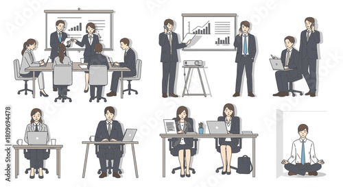 Dynamic business team collaborating, presenting data, and achieving mindfulness in the workplace, perfect for illustrating teamwork and corporate wellness