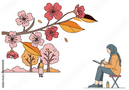 A woman sketches in a park, capturing the dawn.  She?s dressed casually, enjoying a peaceful moment amidst trees and other people.  A beautiful, serene scene.