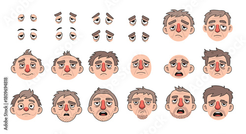 Worried cartoon man character expressions convey stress, anxiety, and concern, perfect for emotional storytelling, character design, and animated content creation