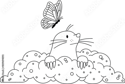 Cute mole popping from ground with butterfly, adorable cartoon animal illustration, playful nature scene drawing, children’s coloring page artwork