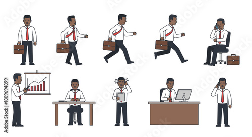 Dynamic businessman in various business scenarios, presenting data, running late, talking on the phone, and working at his desk, showing versatility and efficiency