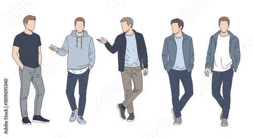 Contemporary men's fashion illustration showcasing various stylish outfits for modern casual wear, perfect for blog, design and website use, trendy and versatile