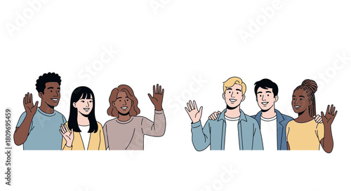 Diverse group of friends waving hello with cheerful smiles, perfect for community outreach, welcome messages, or global collaboration initiatives.