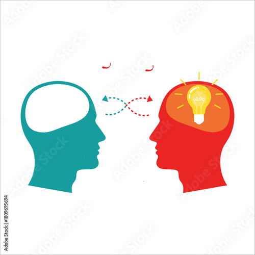 Conceptual illustration of idea sharing and communication between two human head silhouettes, one with a bright lightbulb