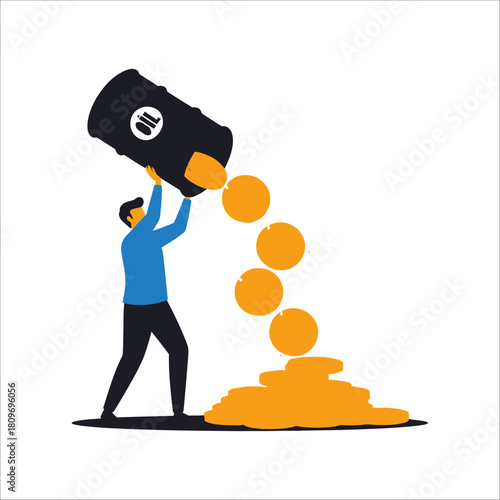 Businessman pouring golden coins from an oil barrel, symbolizing profit, investment, or the high cost of crude oil, isolated on