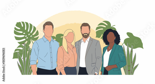 Diverse team of professionals radiating success, showing unity and modern collaboration, ideal for corporate branding and inclusive business initiatives