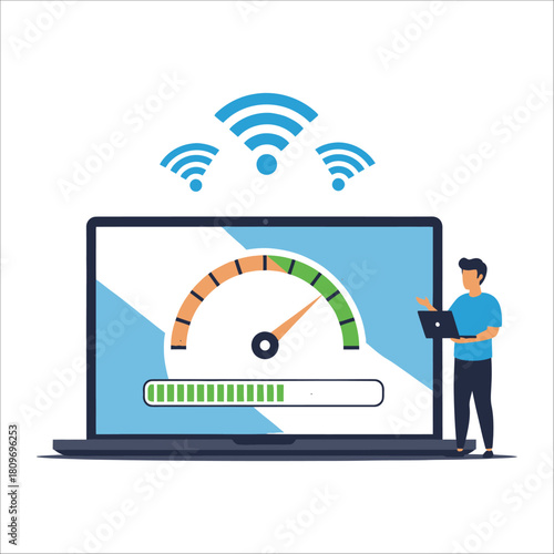 Man checking fast internet speed test result on a laptop screen with wifi signal icon above, isolated on