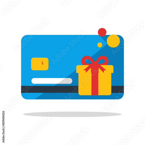 Blue credit card with a yellow gift box tied with a red ribbon on top, representing reward, loyalty program, online payment for present, or special offer, isolated on