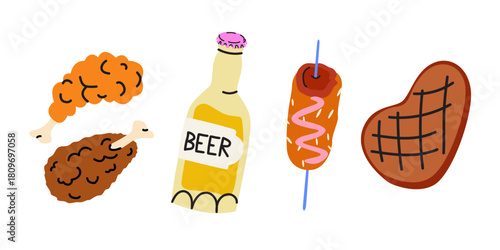 Street food stickers set in retro cartoon style. Fast food elements, chicken legs in batter, sausage in batter, steak, drinks, beer, tasty snacks. Unhealthy takeaway food. Vector illustrations