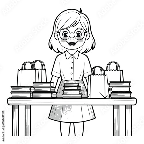 Enthusiastic librarian cartoon character surrounded by books and shopping bags