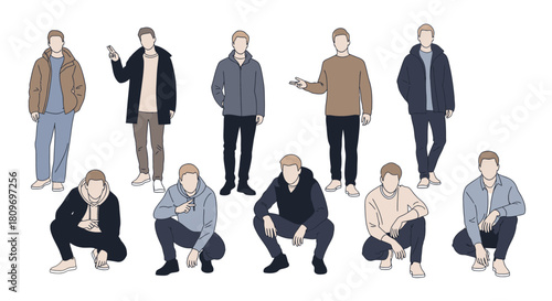 Diverse group of stylish young men showcasing modern casual fashion in various poses, perfect for lifestyle blogs, social media marketing or clothing brand visuals