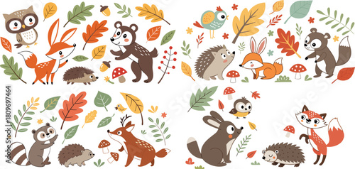 Colorful Autumn Woodland Animals and Leaves Vector Collection