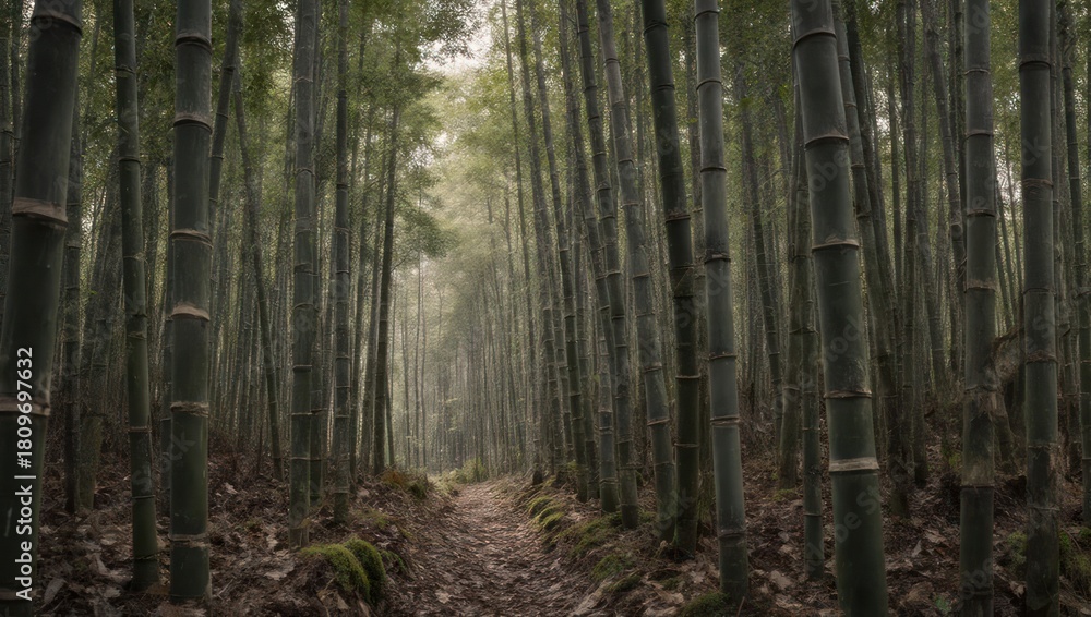 Obraz premium A serene path winds through a dense bamboo forest with sunlight filtering through the tall stalks.