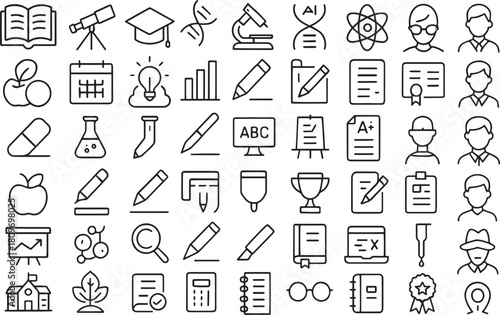 Education and learning icons set, outline style