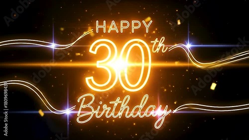 Golden glow 30th birthday celebration with radiant sparkles, confetti, and illuminated cursive text on dark festive backdrop