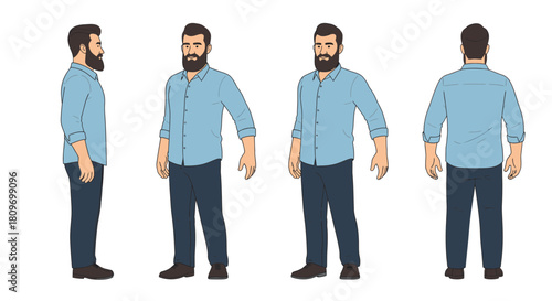 Confident businessman showcasing modern apparel in versatile poses, perfect for fashion catalogs, style guides and showcasing diverse perspectives and presentation