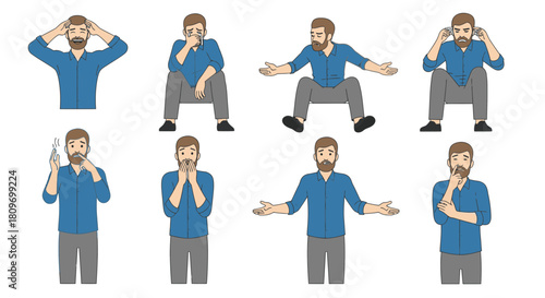 Stressed bearded man expressing anxiety and frustration in various poses reflecting work stress, emotional distress, and decision making challenges