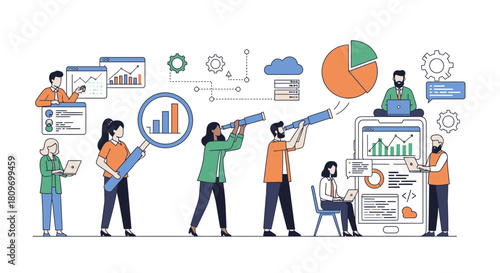 Diverse team collaborating on data analysis, exploring business growth opportunities and visualizing success with modern analytics tools for strategic decisions
