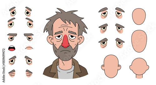 Character creation kit with editable facial expressions showing sadness and fatigue, ideal for animation, game design and storytelling projects