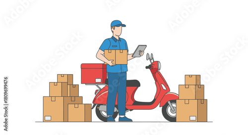 Efficient delivery service with scooter and confident courier, perfect for logistics solutions and e-commerce promotions, emphasizing speed and reliability