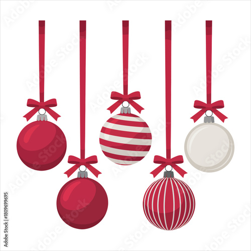 Assorted Christmas ball ornaments hang elegantly from red ribbons against a pristine white background
