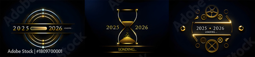Three designs showing loading progress from year 2025 to 2026 with gold and dark blue theme color