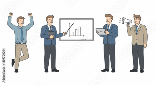 Dynamic business team presenting growth strategy, celebrating success, and communicating vision for modern company, originally a scalable vector graphic