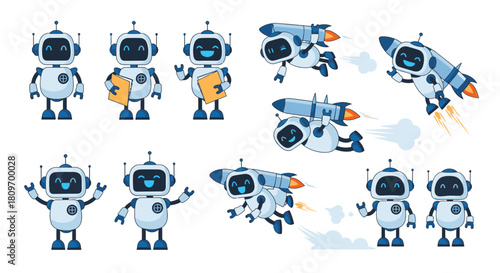 Cute robots ready to launch your project to the stars, friendly AI characters for engaging learning materials or innovative tech designs, vector