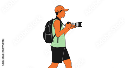 Young photographer capturing stunning landscapes with professional camera, ready for adventure travel and documentary projects, vector illustration