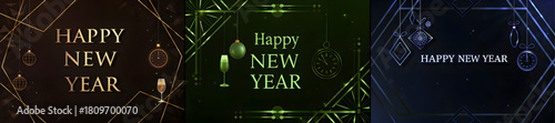 A collage of happy new year greetings with geometric designs and decorative ornaments in gold and green