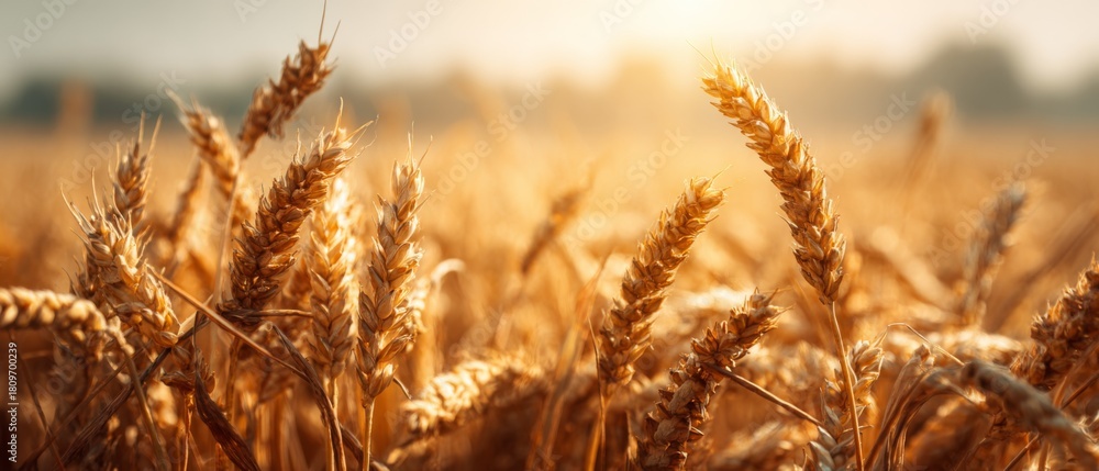 Fototapeta premium Close up of golden wheat field glowing in sunlight