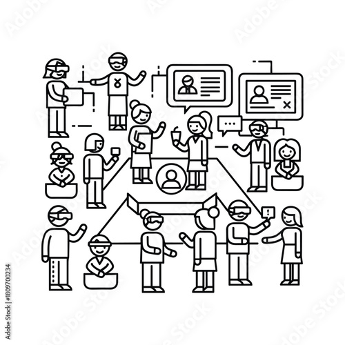 Metaverse meeting with people using virtual reality headsets isolated on vr conference icon