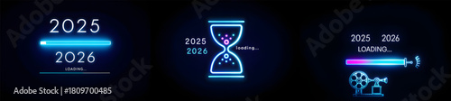Neon illustrations depicting loading progress from year 2025 to 2026 on a black background