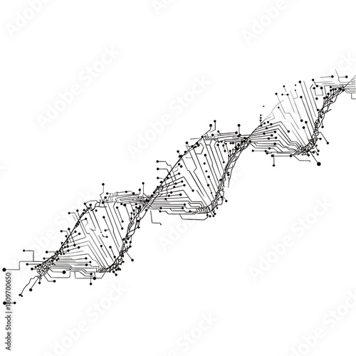 A detailed abstract DNA helix formed from electronic circuit lines, symbolizing technology, genetics, AI, and biotechnology innovation. Clean, modern vector design