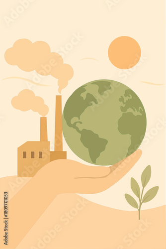 Human hand gently holding the planet Earth in the foreground, symbolizing climate protection. Industrial factories in the background emit smoke, highlighting the con change, and planet saving