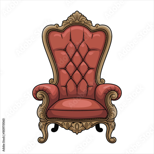 Isolated ornate armchair, with brown wood trim and tufted pink upholstery, evokes regal comfort