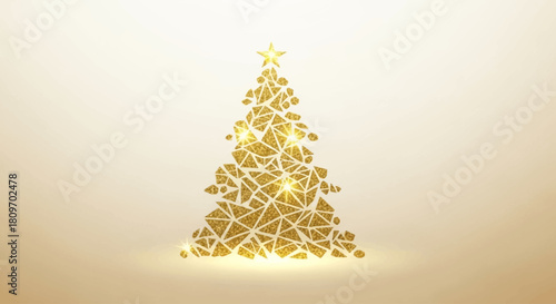 Golden Christmas tree formed by geometric shapes with a star on top, glowing against a beige background.